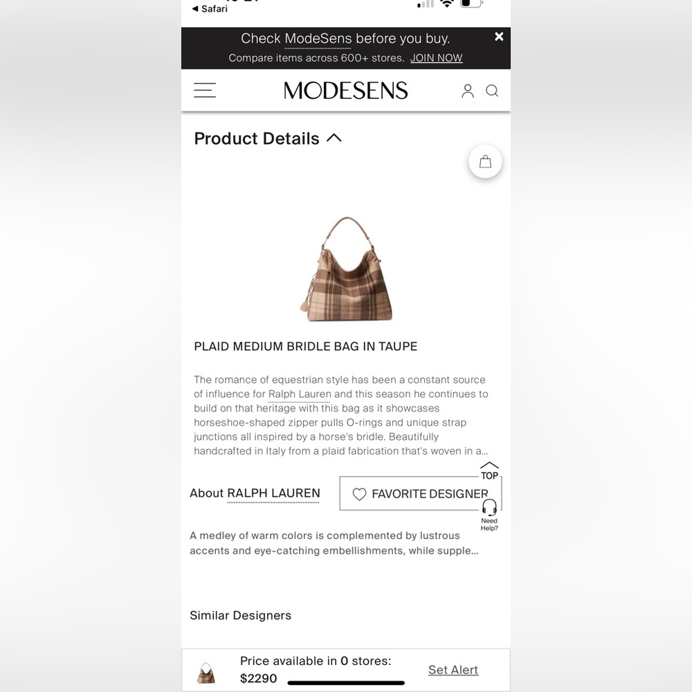 Ralph Lauren the Purple label PLAID MEDIUM BRIDLE BAG IN TAUPE